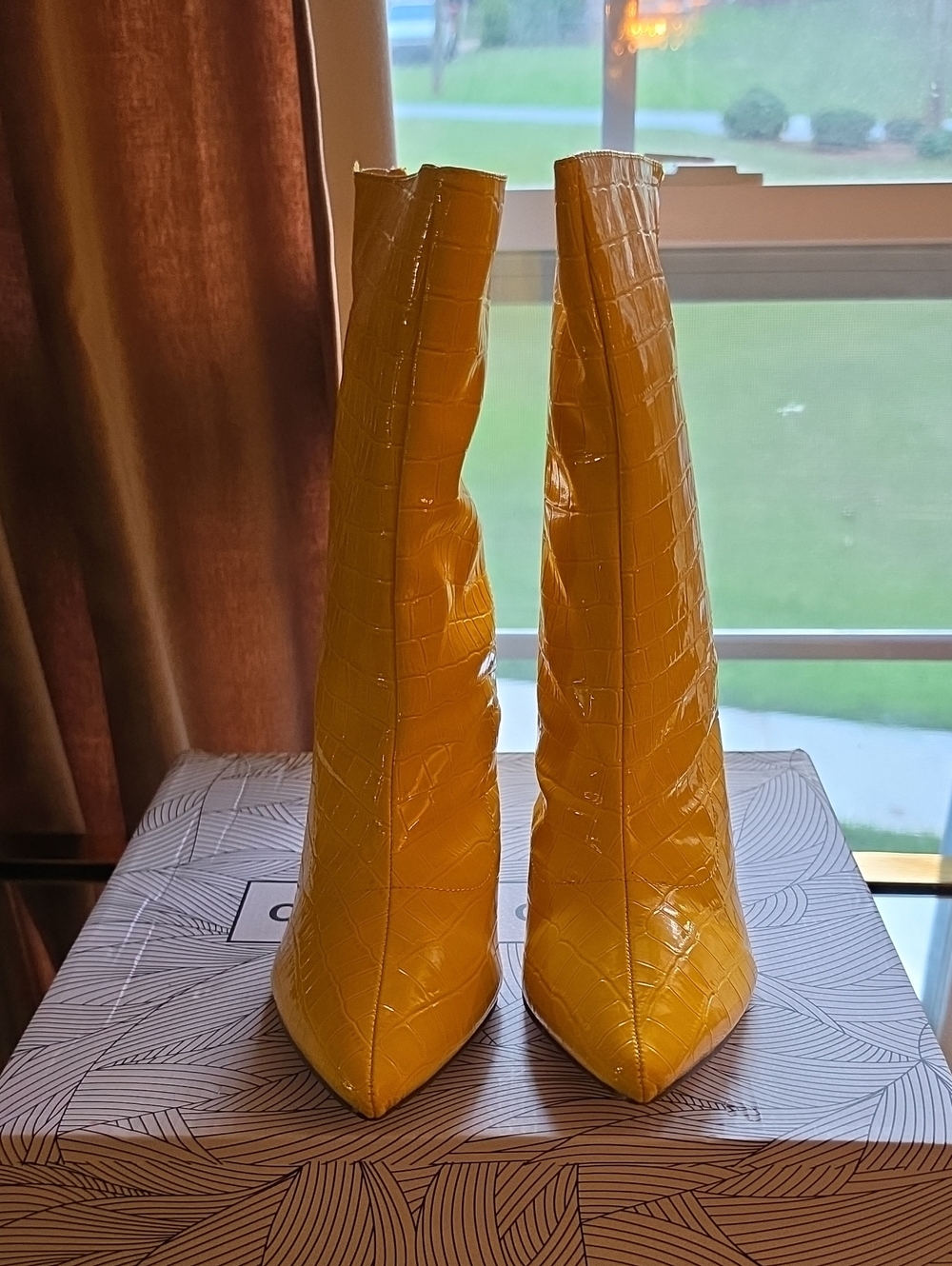 Chase + Chloe Yellow Patent Croc-Embossed Pointed Toe Boots